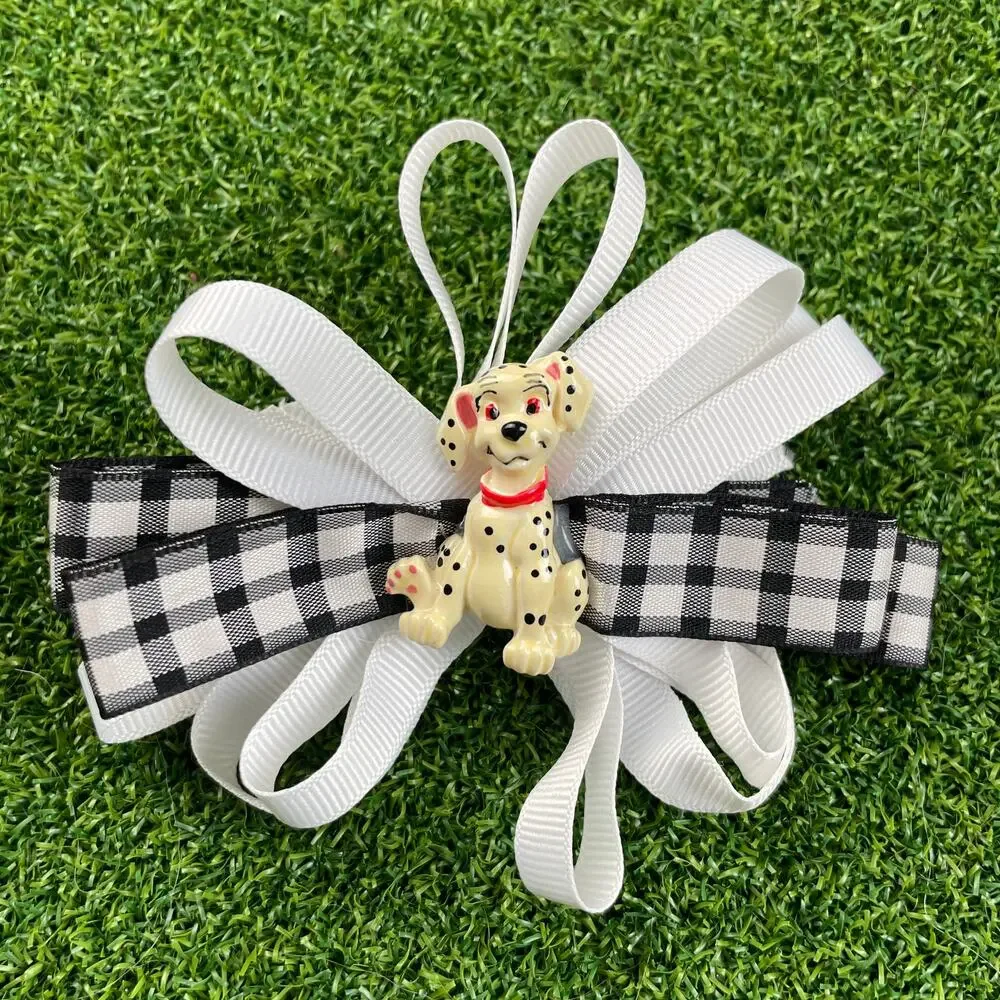 Vintage Dalmatians Puppy Gingham Bow Barrettes Hair Clip